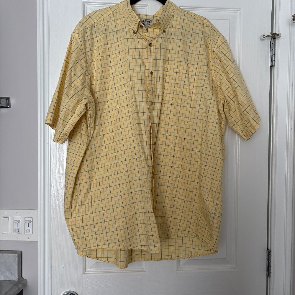 L.L. Bean Shirt Yellow Check Short Sleeve Button Up Wrinkle Resistant Preppy XXL